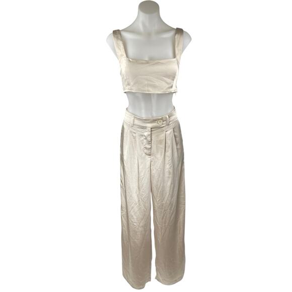 Princess Polly Cream Silky Satin Crop Top & WideLeg Trousers Matching Set Size 8 - Picture 2 of 7